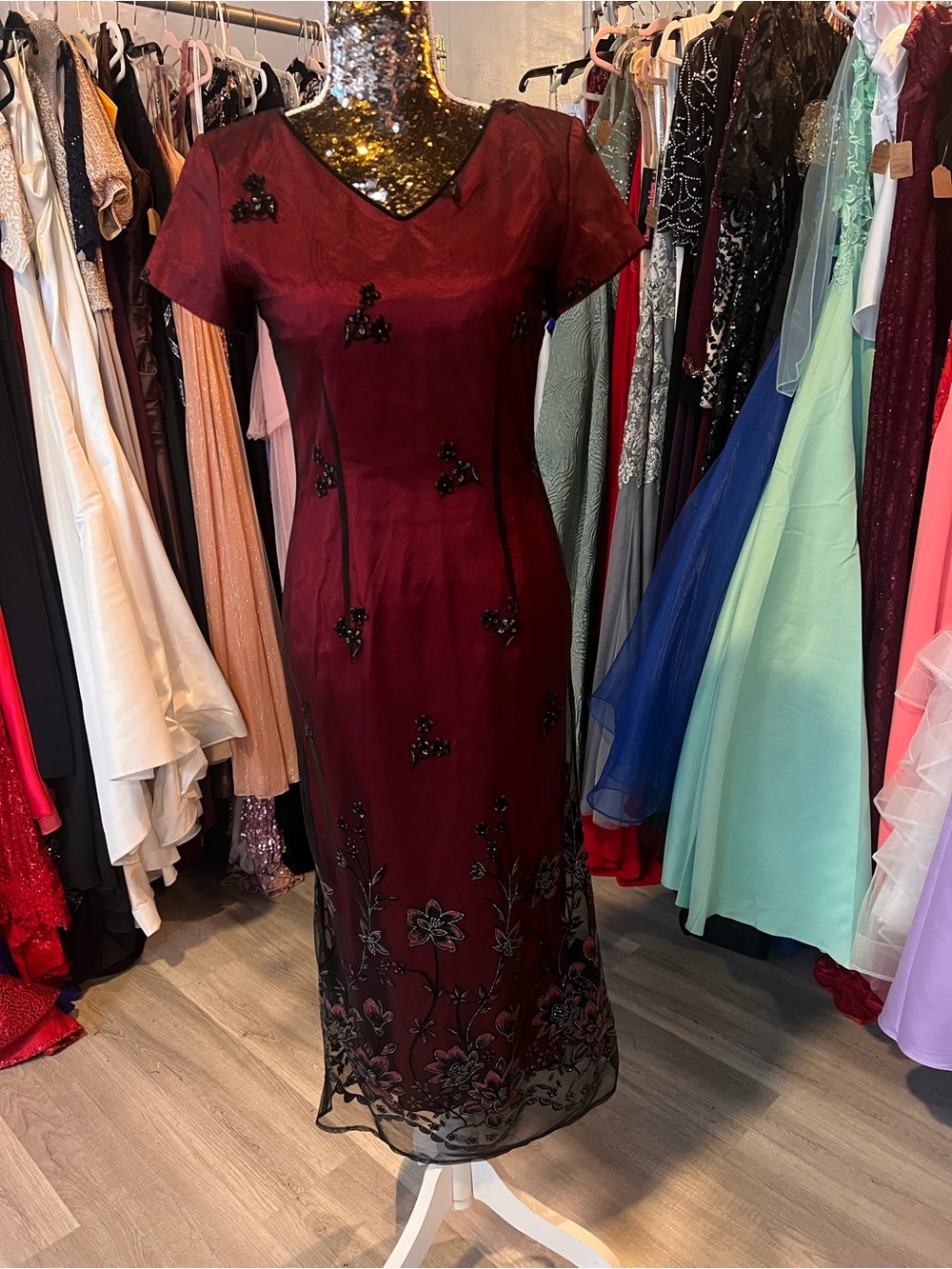 Virgo Burgundy Midi Dress with Black Floral Accents